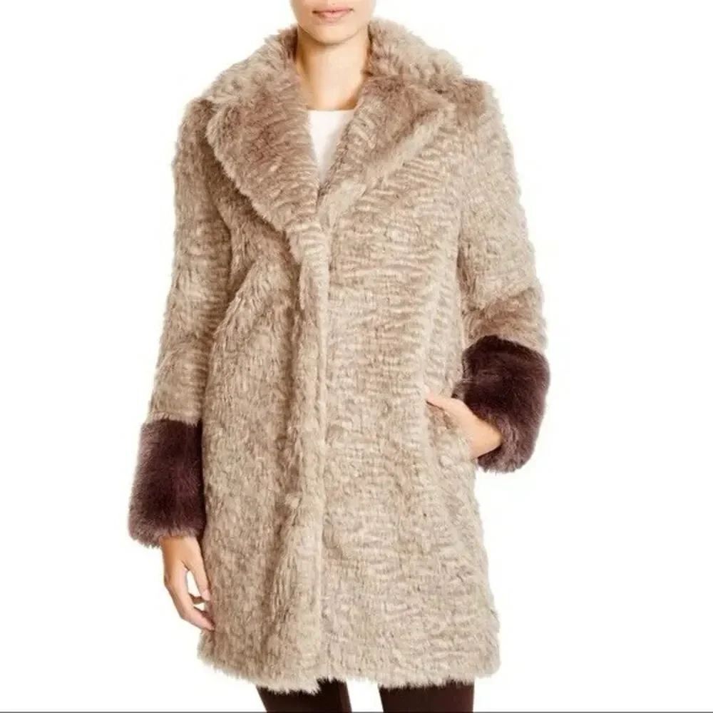Laundry by Shelli Segal Faux Fur Coat Brown Gray Long Sleeve Small Hook Eye